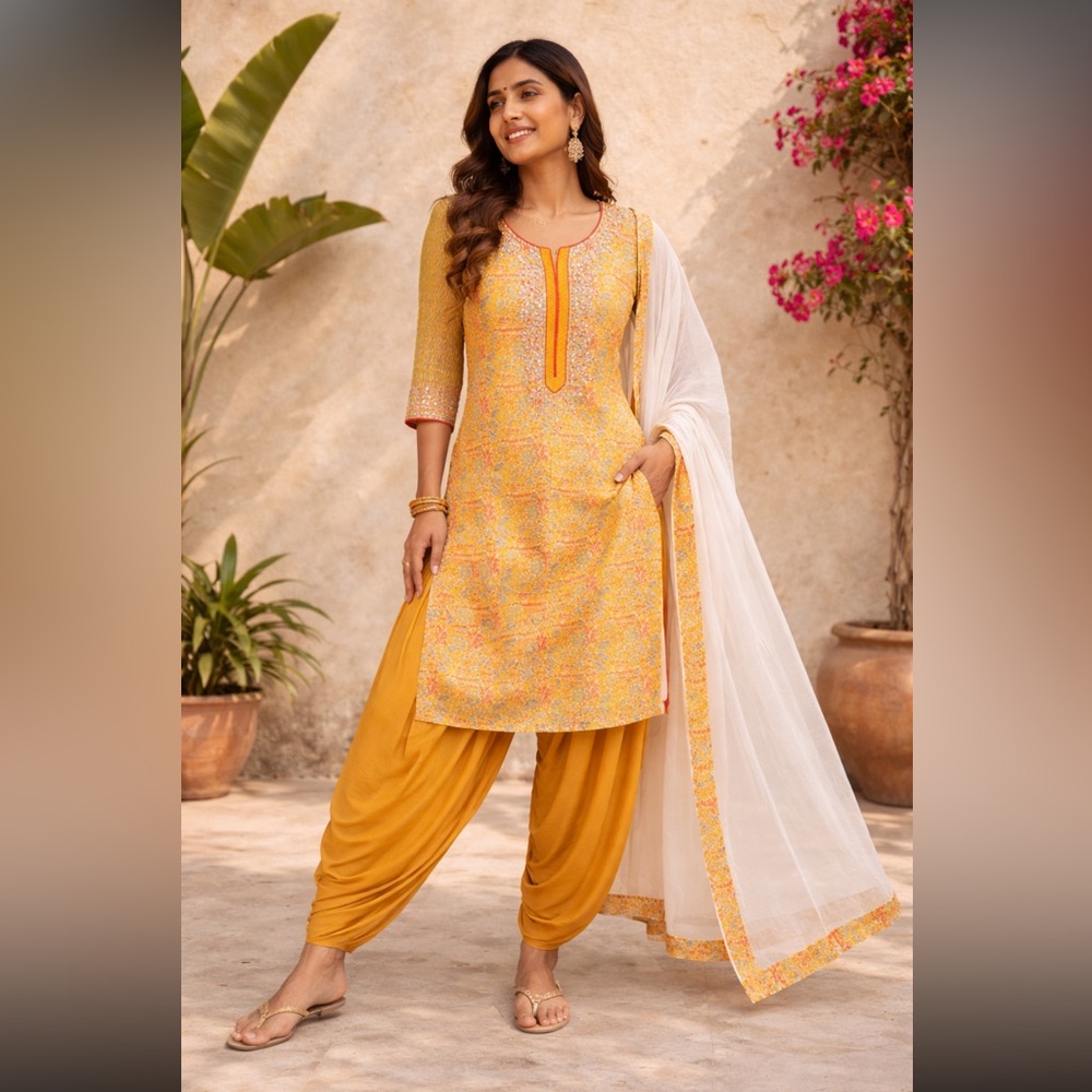 Biba Indian Pakistani Elegant Mustard Yellow embroidered kurta with dupatta